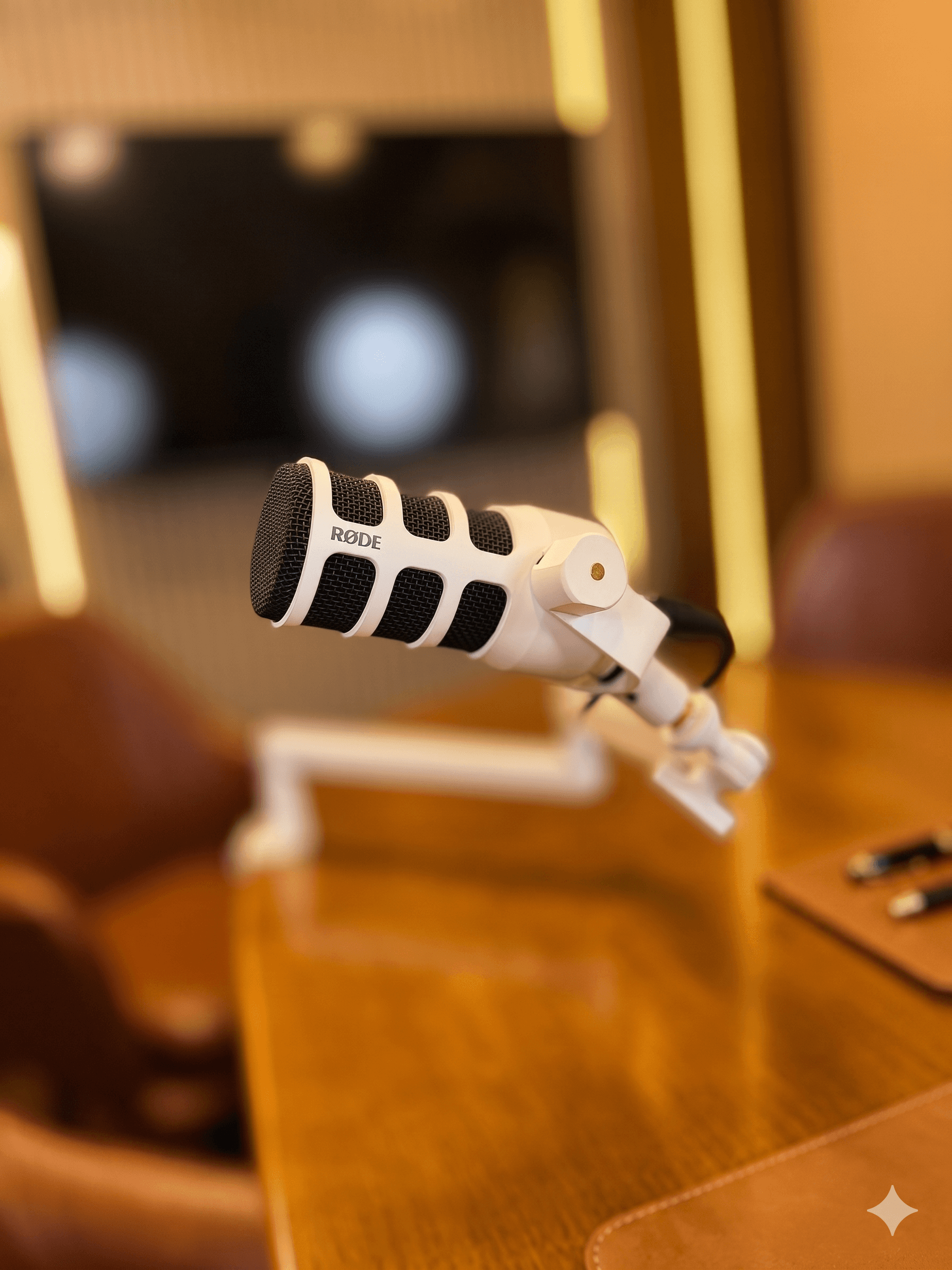 RODE PodMic close-up with warm studio bokeh and leather chair